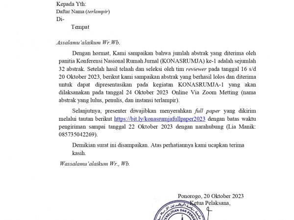 PENGUMUMAN LOLOS ABSTRAK KONASRUMJA-1