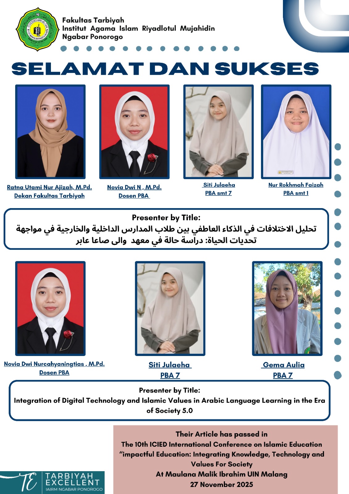 Their Article has passed in The 10th ICIED International Conference on Islamic Education "impactful Education: Integrating Knowledge, Technology and Values For Society At Maulana Malik Ibrahim UIN Malang