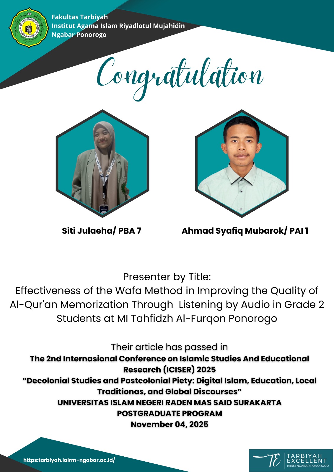 Their article has passed in  The 2nd Internasional Conference on Islamic Studies And Educational Research (ICISER) 2025  "Decolonial Studies and Postcolonial Piety: Digital Islam, Education, Local Traditionas, and Global Discourses"  UNIVERSITAS ISLAM NEGERI RADEN MAS SAID SURAKARTA  POSTGRADUATE PROGRAM